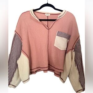 POL Boutique Waffle Knit Crop Top Rose Cream Contrast Stitch Striped Sleeve Smal